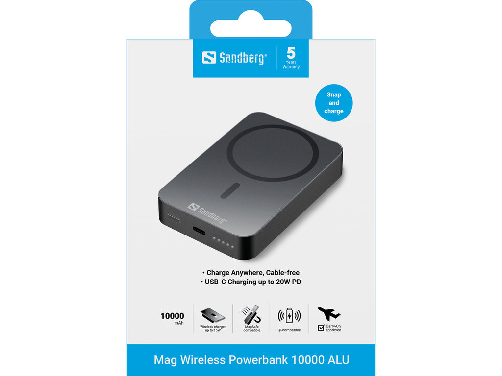 Sandberg Mag Wireless Powerbank 10000 ALU, Batterie Externe Magnétique et Sans Fil, 10000 mAh