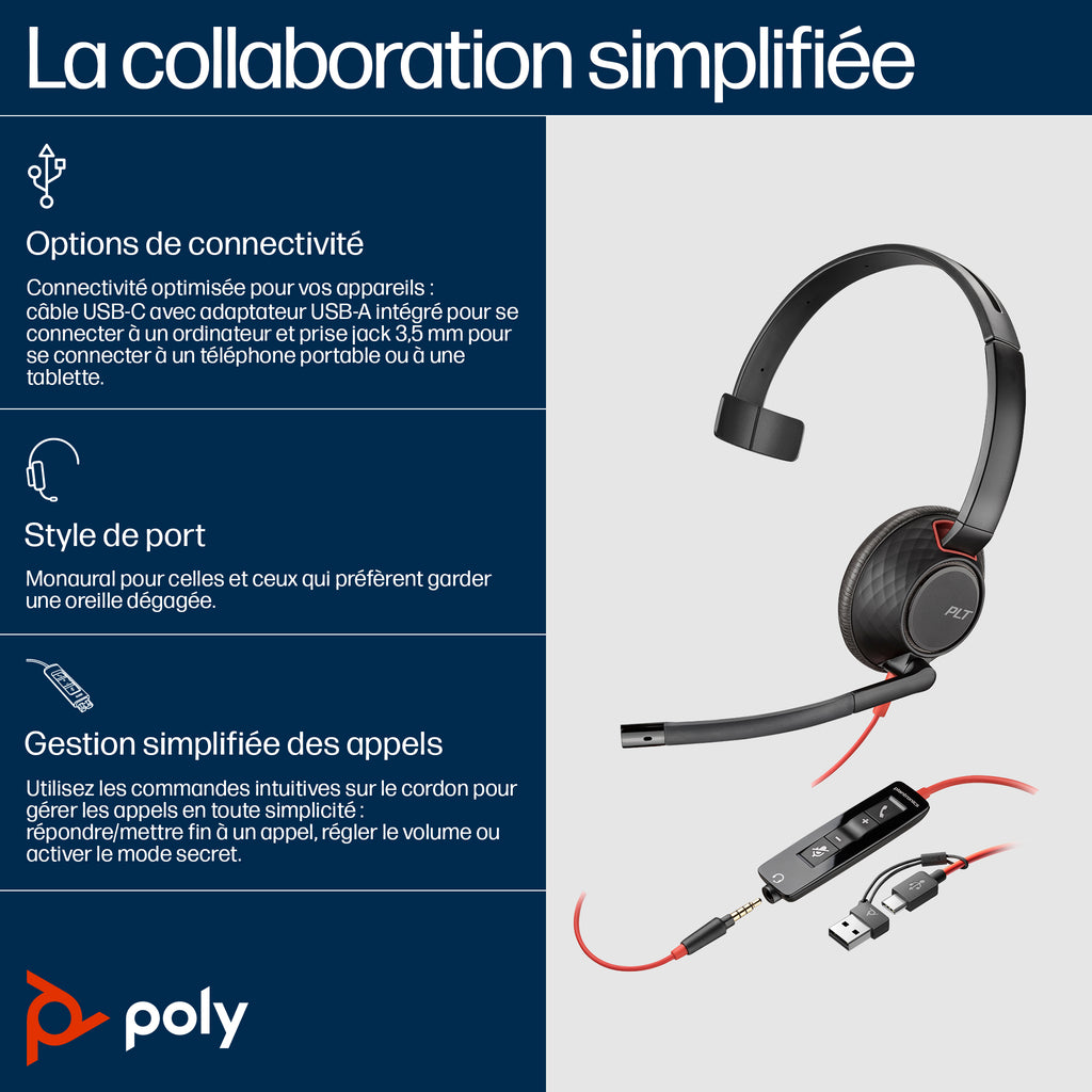 HP Poly Blackwire 5210 Micro-casque Monaural USB-C, Prise 3,5 mm et Adaptateur USB-C/A