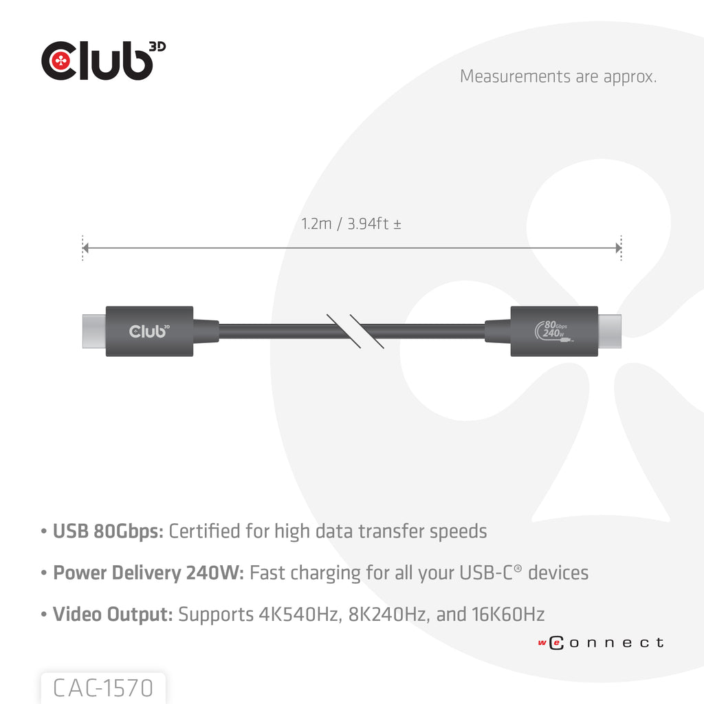 CLUB3D CAC-1570 câble USB USB4 Gen 2x2 1,2 m USB C 80 Gbit/s 240 W Noir