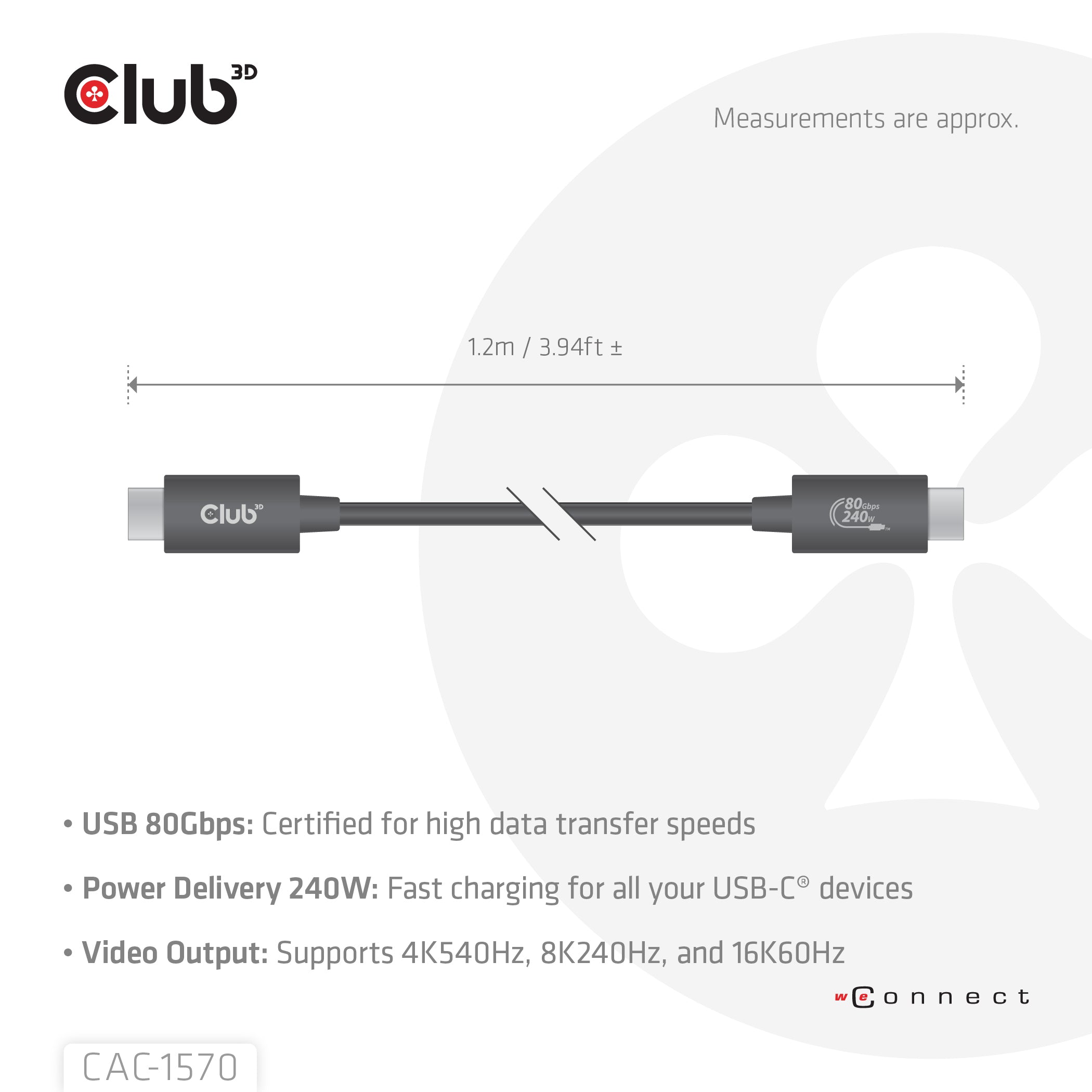 CLUB3D CAC-1570 câble USB USB4 Gen 2x2 1,2 m USB C 80 Gbit/s 240 W Noir