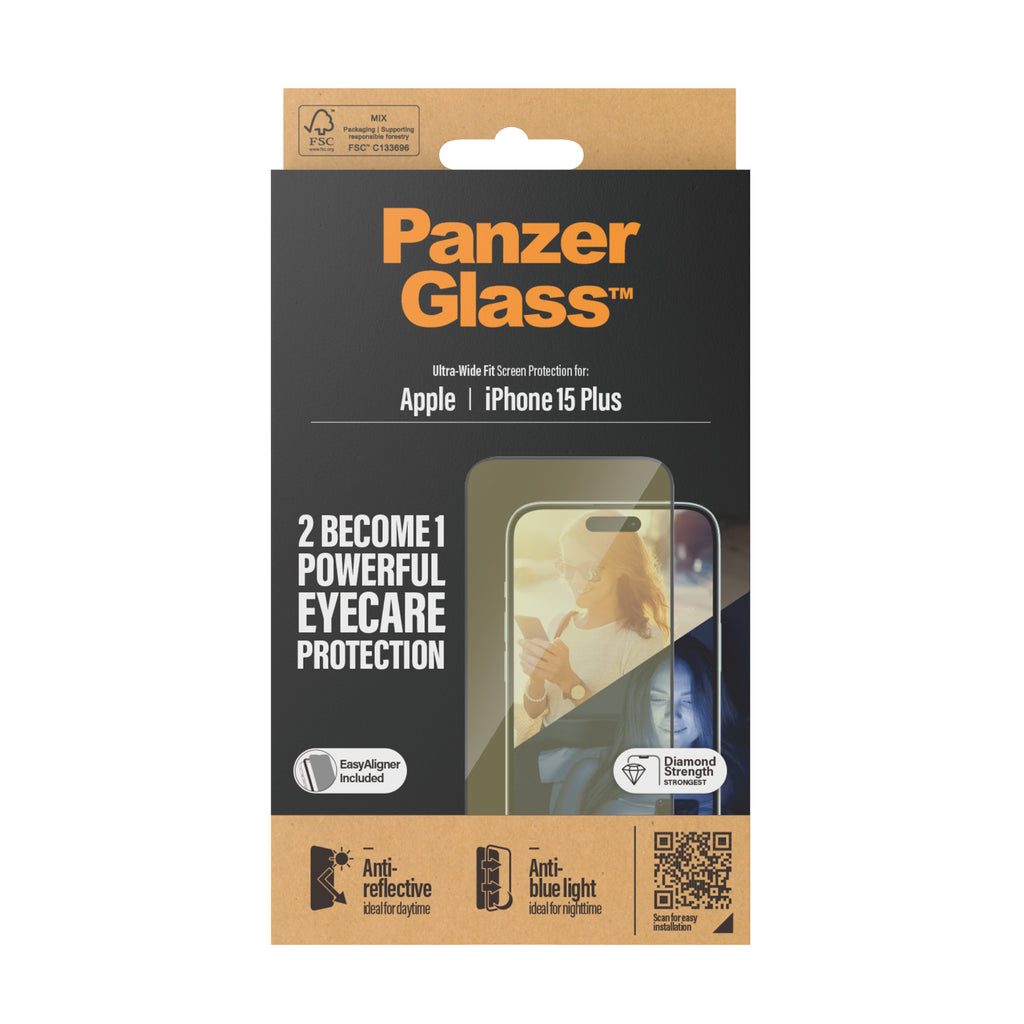 PanzerGlass ® EyeCARE™ Screen Protection iPhone 15 Plus | Ultra-Wide Fit w. EasyAligner Protection d'écran transparent A