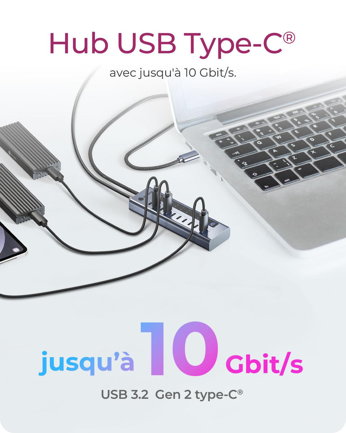 Hub USB Type-C Gen 2 10 ports, Transfert 10 Gbit/s, Power Delivery 20W, Affichage LED, IB-HUB1450-C31