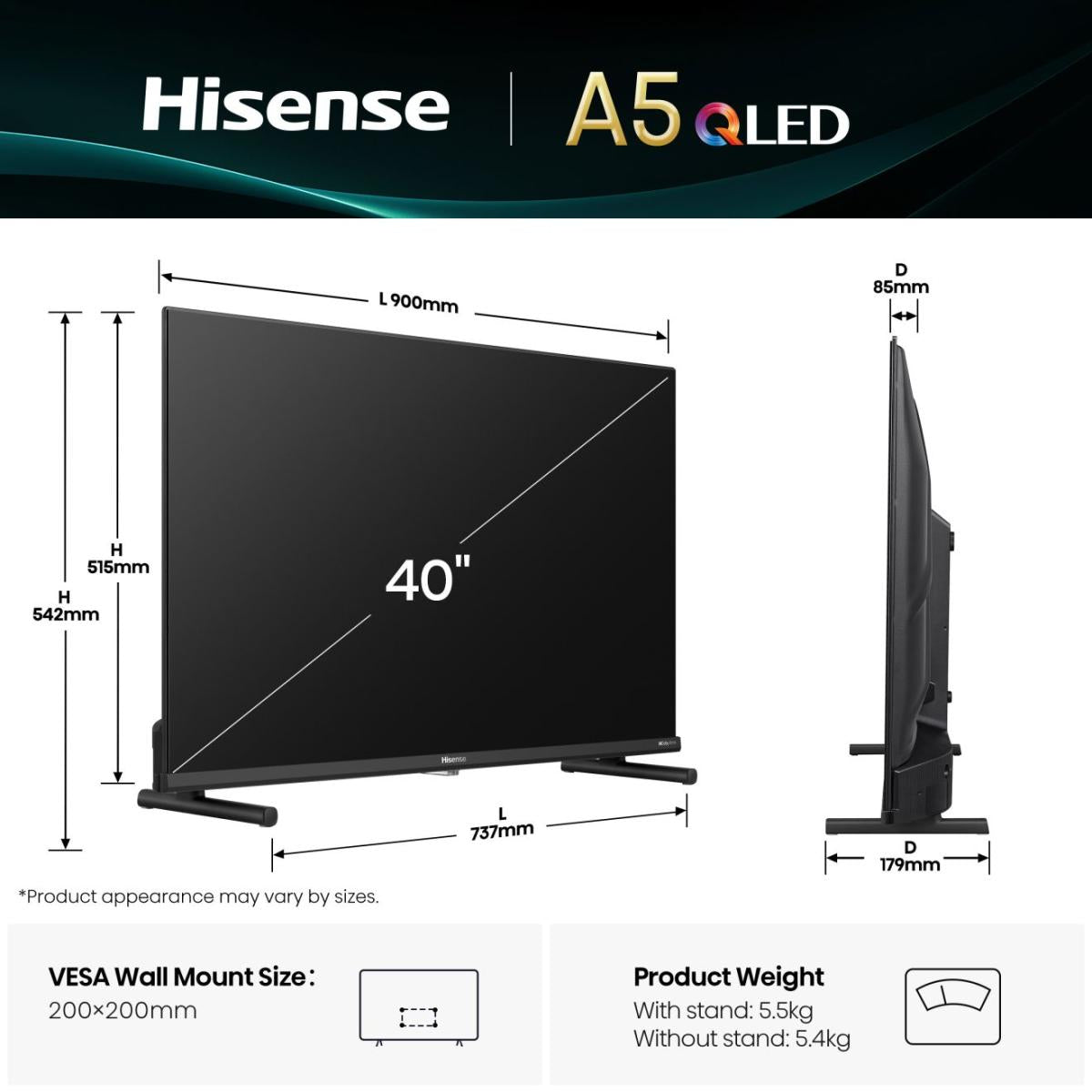 Hisense 40A5Q 101,6 cm (40") Full HD Smart TV Wifi Noir - vue 2