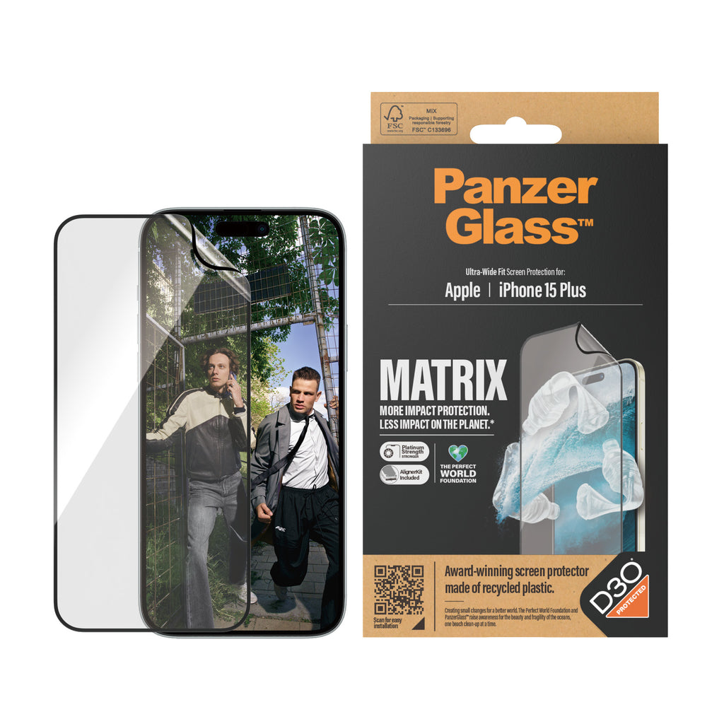 PanzerGlass ECO MATRIX Protection d'écran avec D3O pour iPhone 15 Plus, Ultra-Wide Fit avec AlignerKit, Transparent