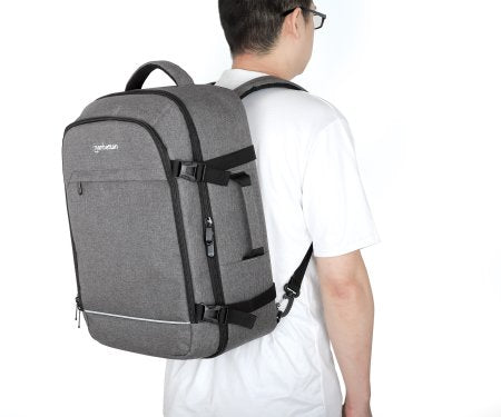 Manhattan Sac à dos de voyage Rome 17,3", 2 compartiments (PC jusqu’à 17,3" + tablette jusqu’à 11"), format cabine avion, 40 L, multiples poches, 3 pochettes souples, 2 poignées, bretelles escamotables, gris clair