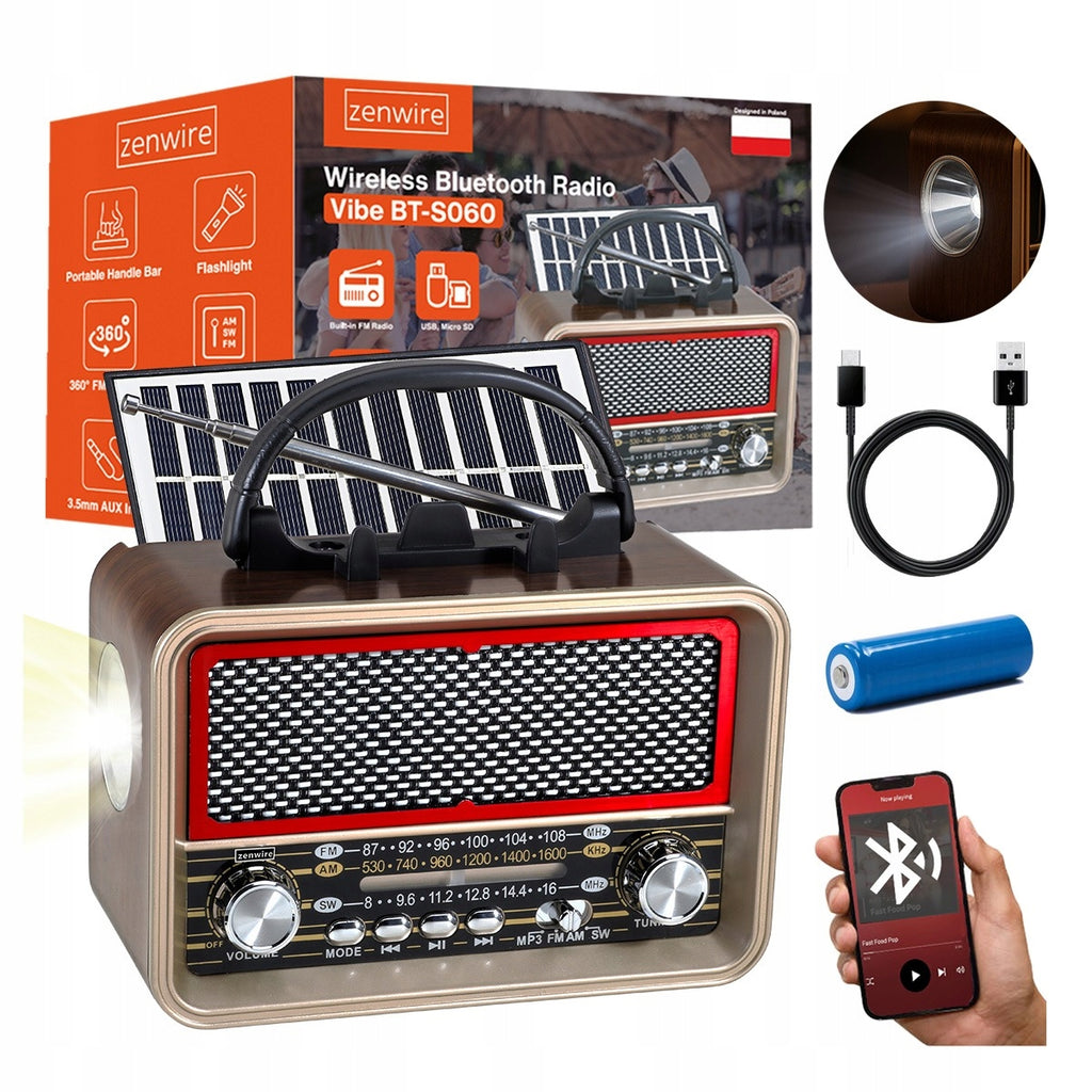 Radio Retro FM solaire Bluetooth portable à piles, avec antenne USB-C Zenwire BT-S060