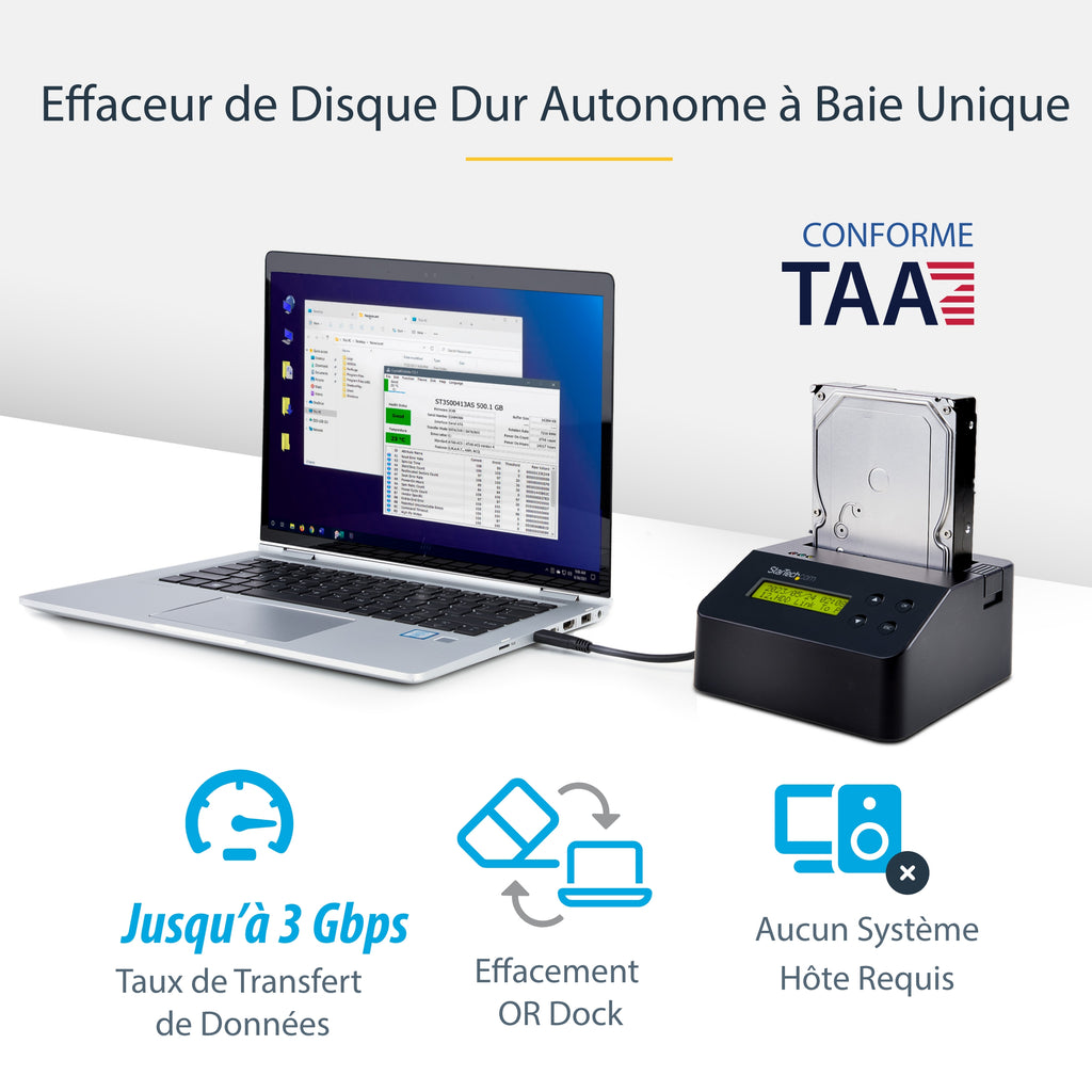 StarTech.com Effaceur de Disque Dur Baie Unique USB 3.0 vers SATA II, 9 Modes d'Effacement, Écran LCD, Conforme TAA