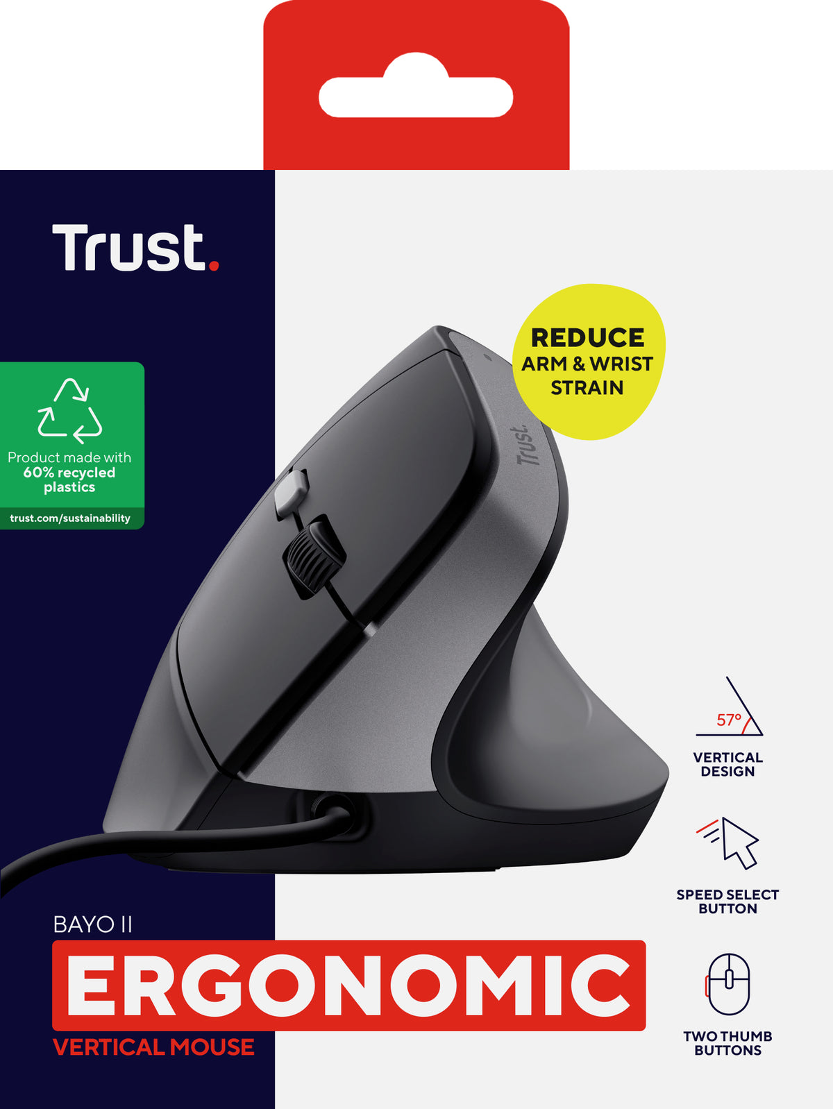Trust Bayo II Souris Ergonomique pour Droitier, USB Type-A, 2400 DPI