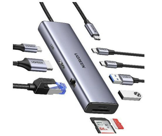 Ugreen USB-C Hub CM498 (15375), 2 x USB-A - 3 x USB-C - 1 x HDMI - 1 x RJ45 - 1 x SD - 1 x microSD, Grey