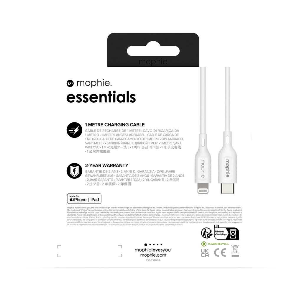 mophie essentials Lightning to USB-C | charging cable (1M) Blanc