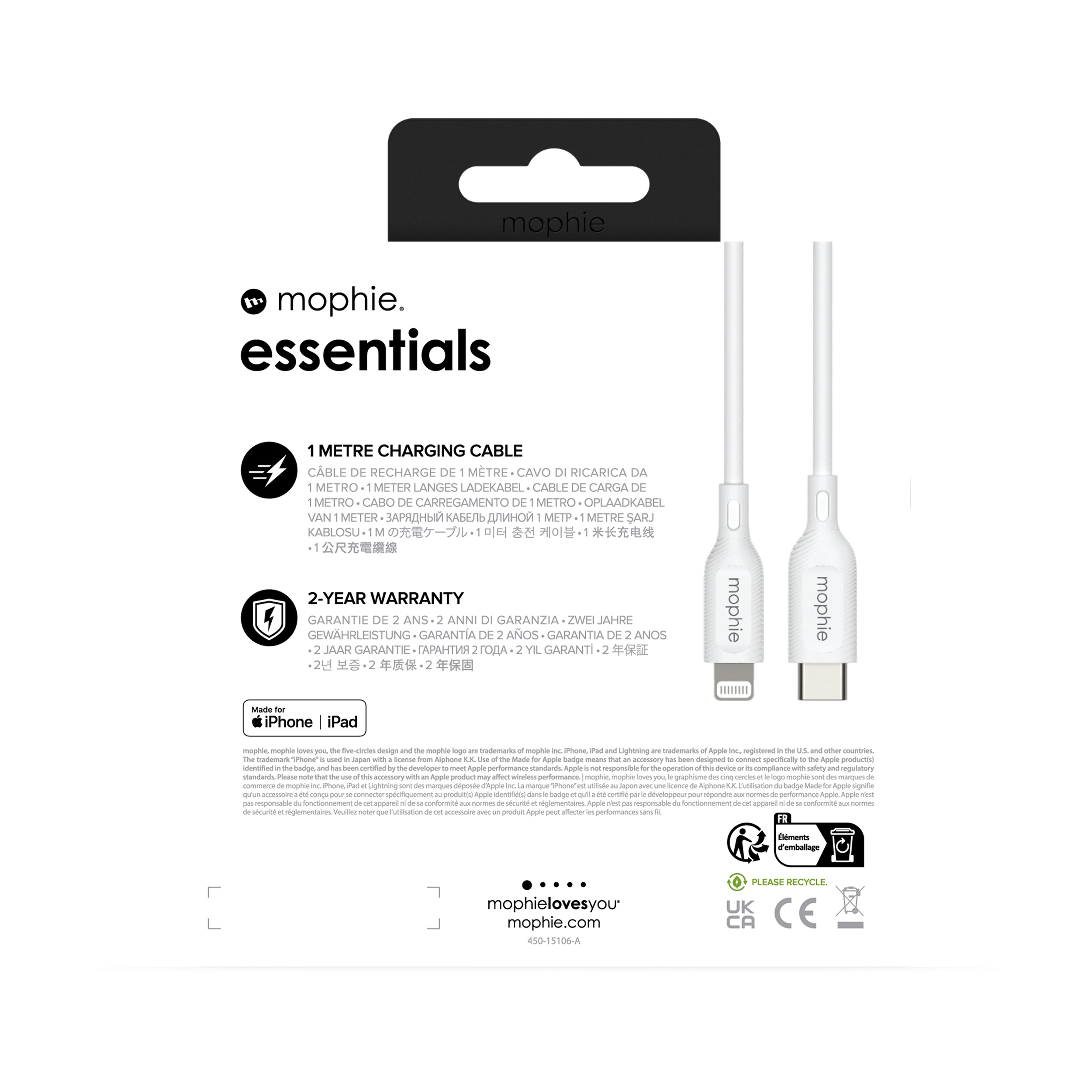 mophie essentials Lightning to USB-C | charging cable (1M) Blanc