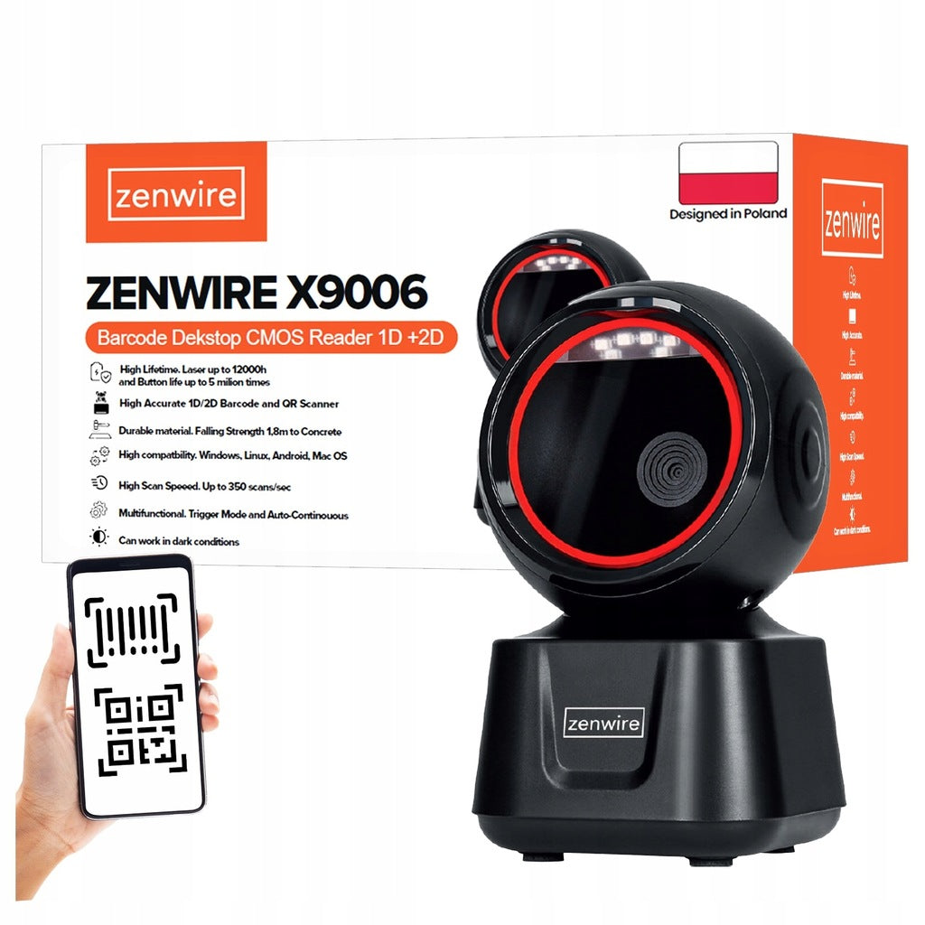 Lecteur de codes-barres et scanner QR 1D/2D USB filaire fixe EAN GS1 Zenwire X9006