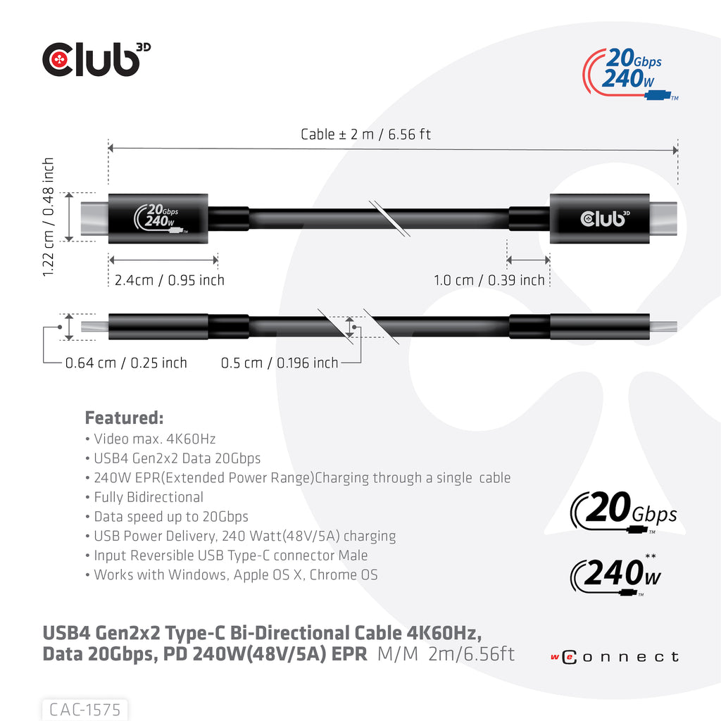 CLUB3D CAC-1575 Câble USB-C vers USB-C USB4 Gen 2x2, 2m, 20 Gbit/s, 240W, Noir