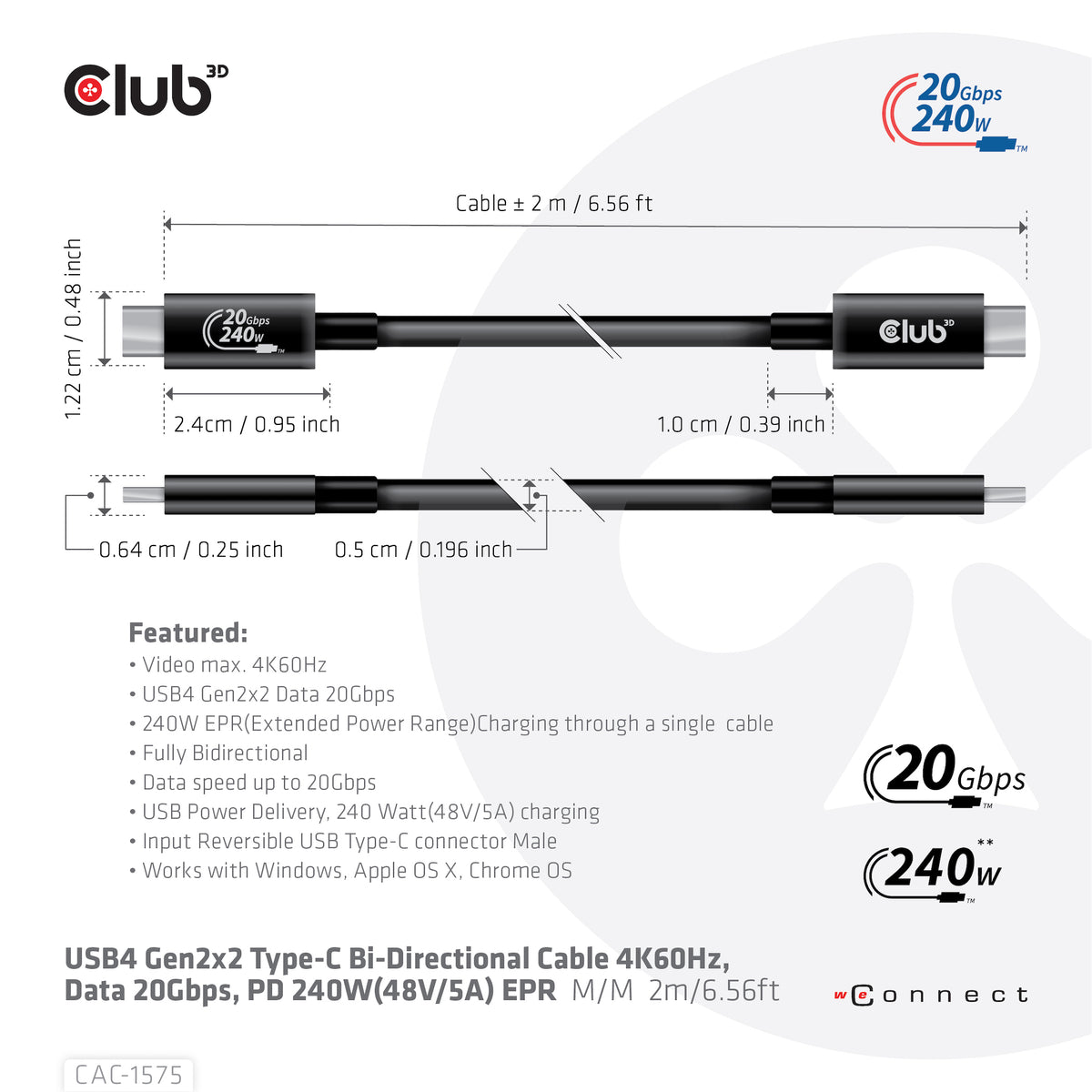 CLUB3D CAC-1575 Câble USB-C vers USB-C USB4 Gen 2x2, 2m, 20 Gbit/s, 240W, Noir