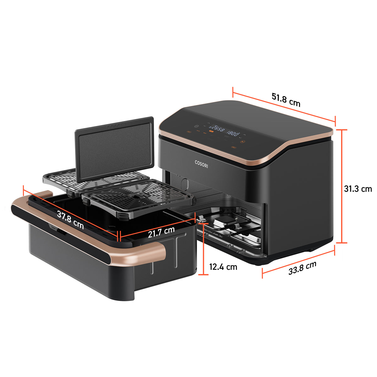 Cosori Dual Blaze Twinfry Chef Edition Double 10 L Autonome 2800 W Friteuse d’air chaud Gris foncé, Or rose