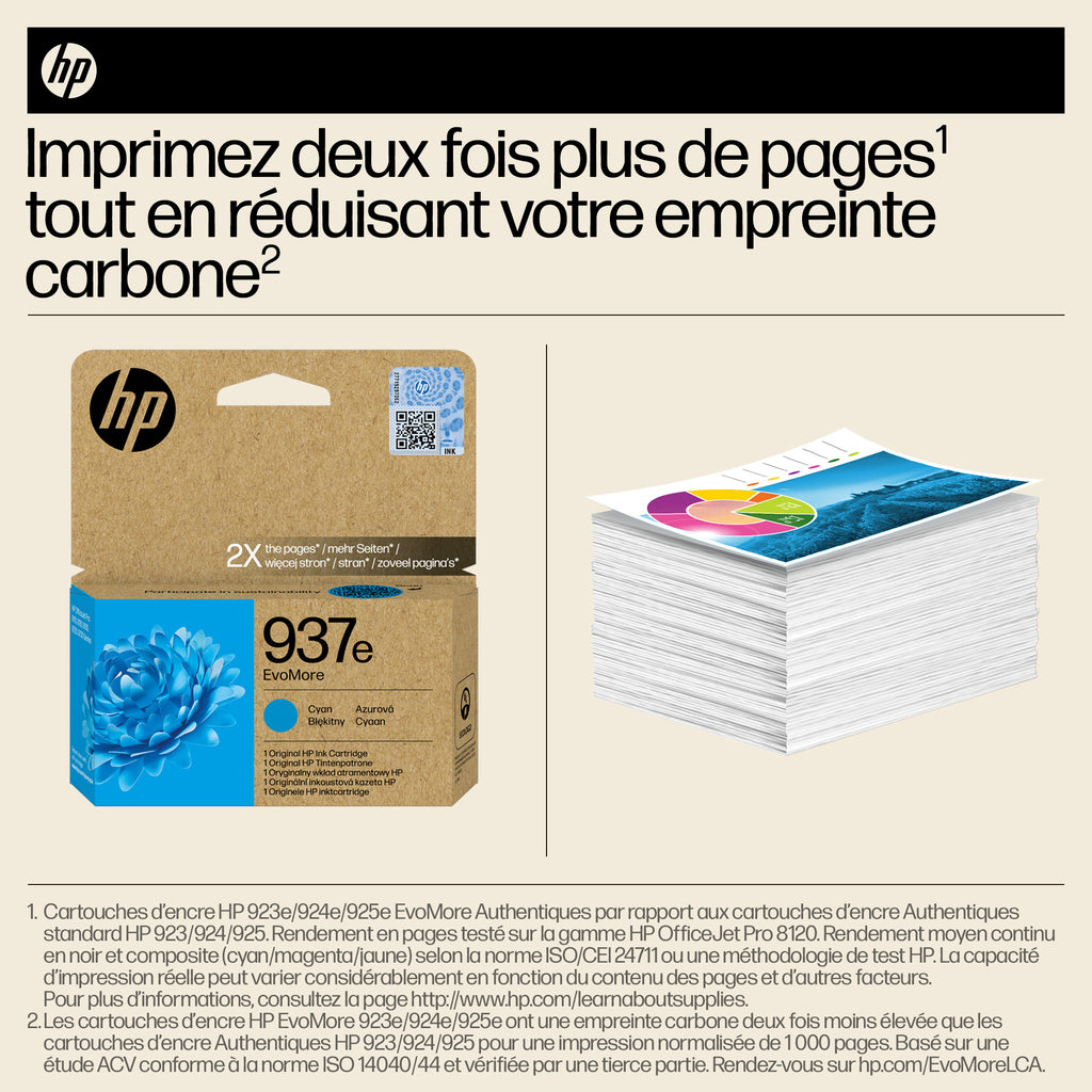 HP 937e Cartouche d’encre authentique Cyan EvoMore