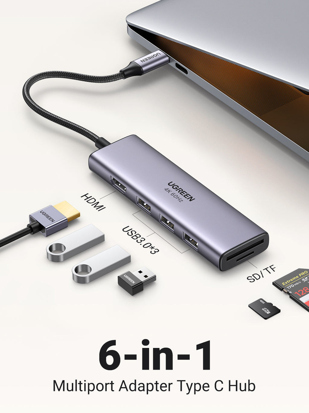 Ugreen CM511 5-in-1 Adapter USB-C Hub to 3x USB3.0 + HDMI + TF/SD Gray