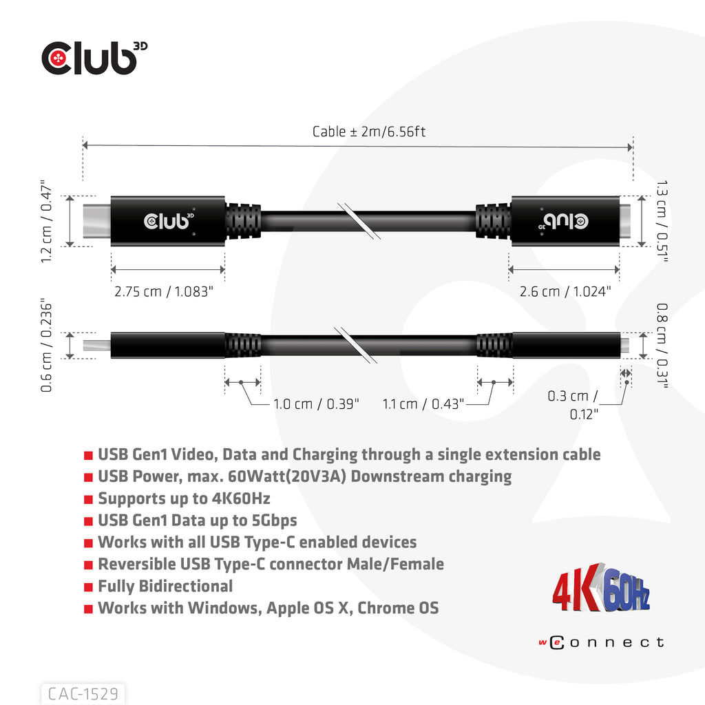 CLUB3D CAC-1529 Câble USB-C vers USB-C 3.2 Gen 1, 2m, 5 Gbit/s, 60W, Noir