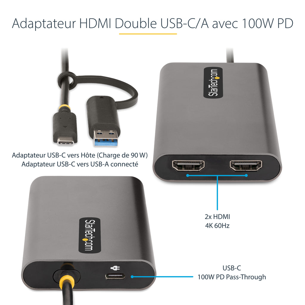 StarTech.com Adaptateur USB-C vers Double HDMI, 4K 60Hz, Power Delivery 100W, Câble 30cm