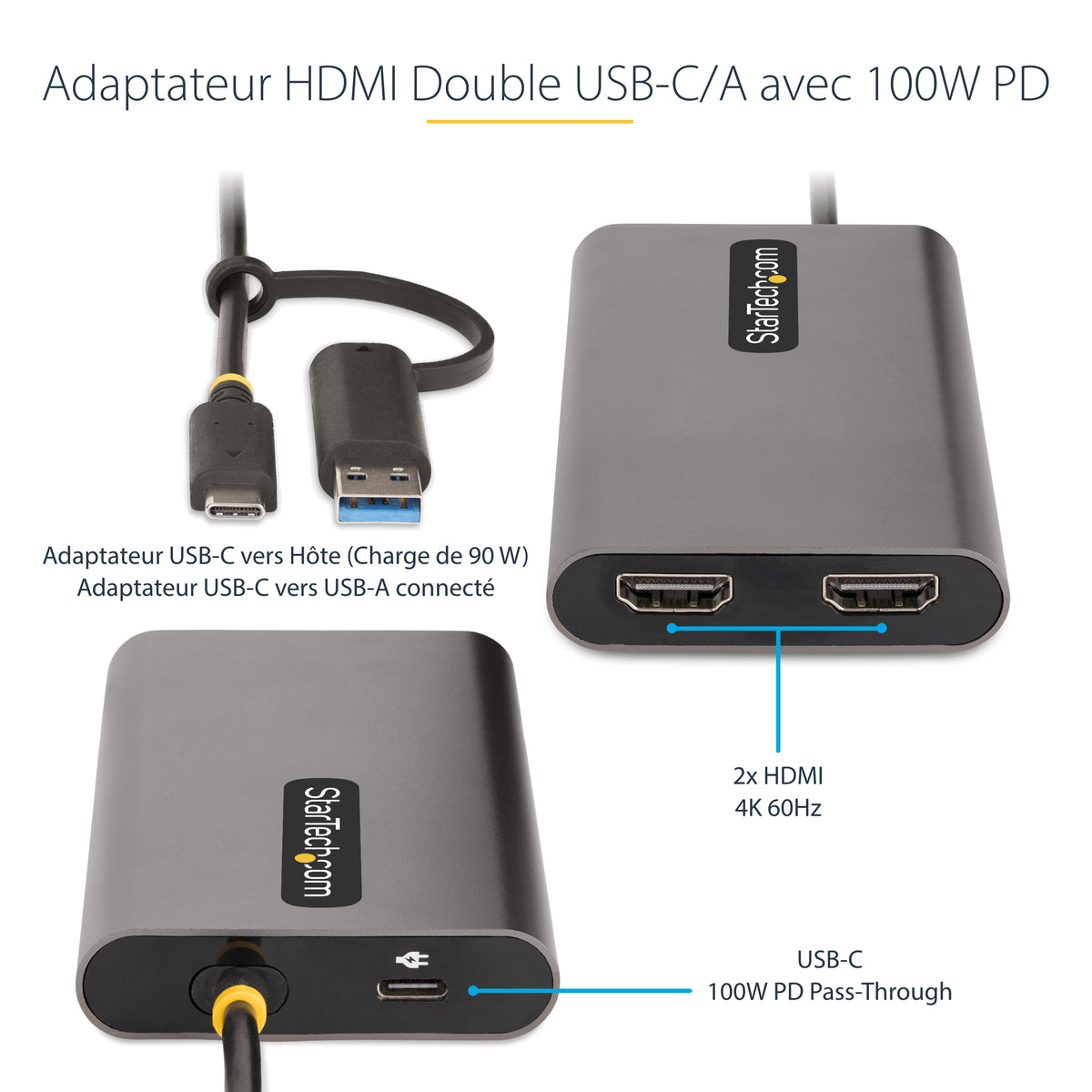 StarTech.com Adaptateur USB-C vers Double HDMI, 4K 60Hz, Power Delivery 100W, Câble 30cm