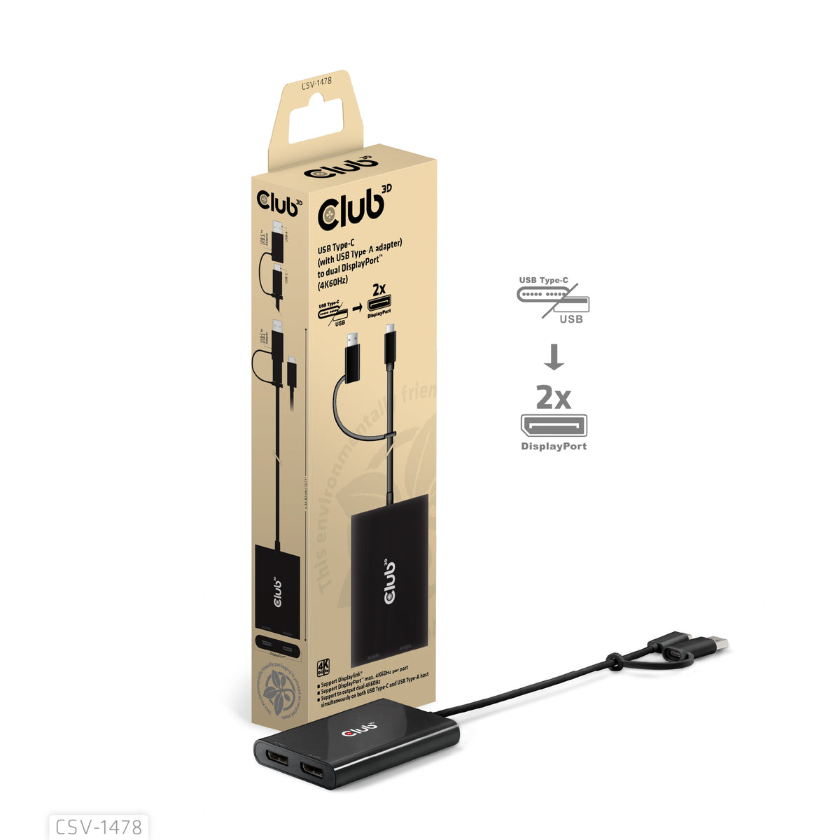 CLUB3D CSV-1478 Répartiteur Vidéo USB Type-C vers 2x DisplayPort 4K UHD