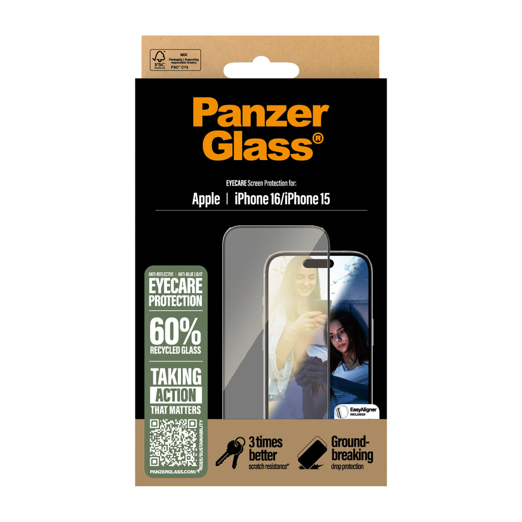 PanzerGlass EyeCARE Protection d'écran Ultra-Wide Fit pour iPhone 16 et iPhone 15, Transparent