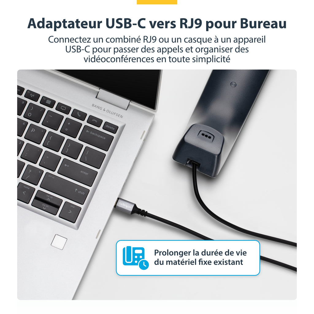 StarTech.com Adaptateur USB-C vers RJ9 pour Combiné Téléphonique et Casque, 1,8m