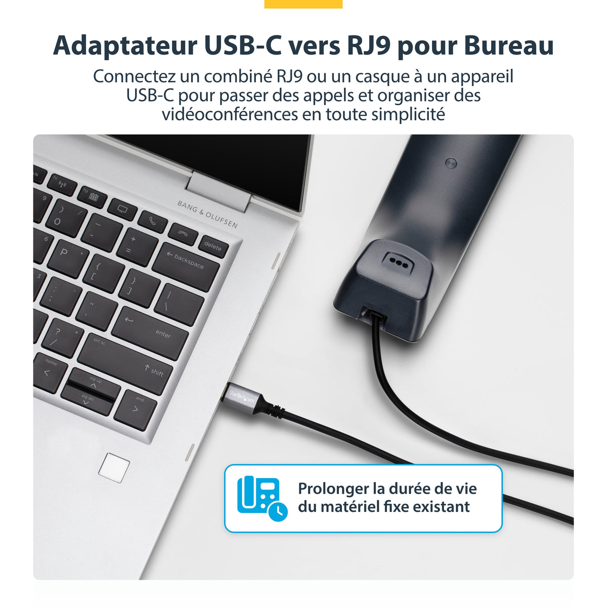 StarTech.com Adaptateur USB-C vers RJ9 pour Combiné Téléphonique et Casque, 1,8m
