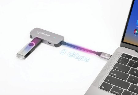 Manhattan Dock/hub USB-C, 3 ports : HDMI, USB-A, USB-C, avec Power Delivery (PD) 100 W - nécessite un chargeur USB-C externe (non inclus). Alimenté par USB (aucune alimentation externe requise) lorsque le PD n’est pas utilisé, aluminium