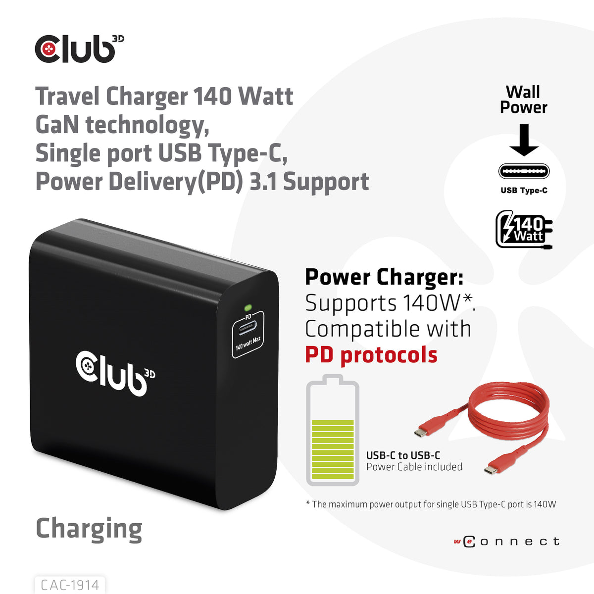 Club 3D CAC-1914EU Adaptateur d'Alimentation GaN 140W
