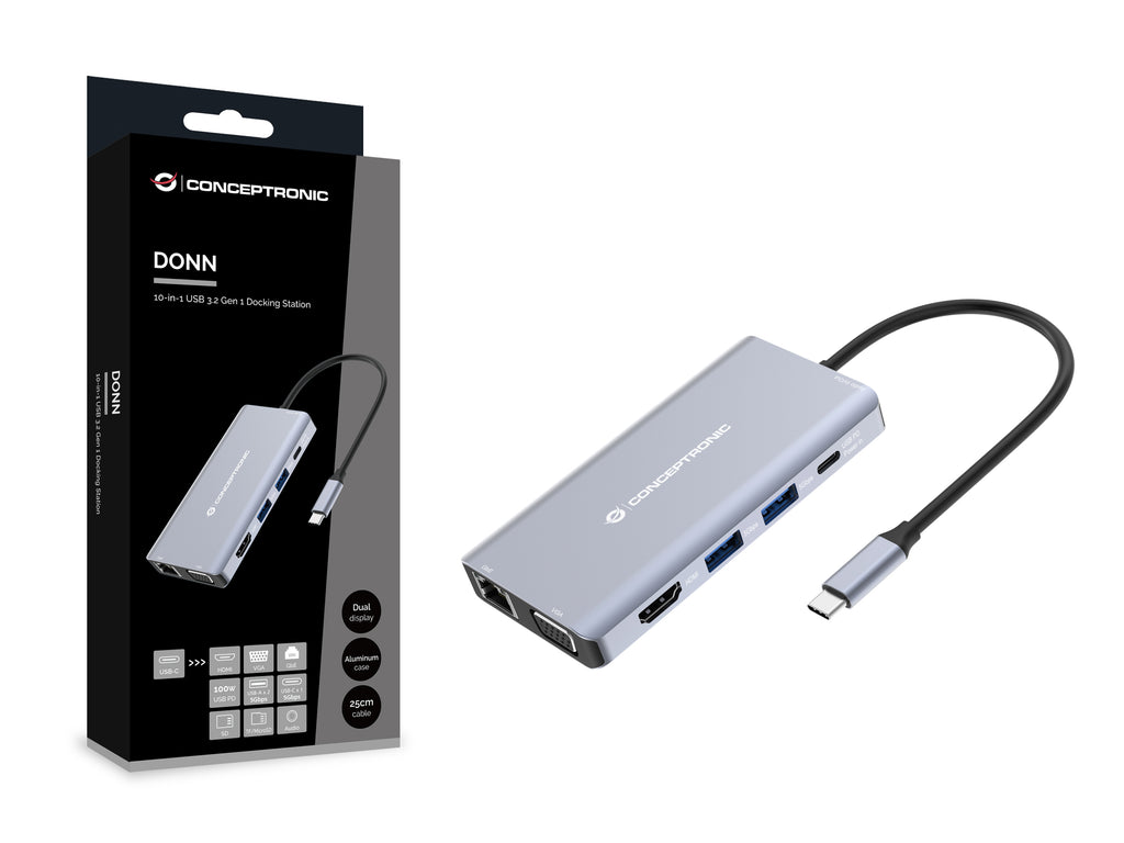 Conceptronic DONN20G station d'accueil Avec fil USB 3.2 Gen 1 (3.1 Gen 1) Type-C Gris