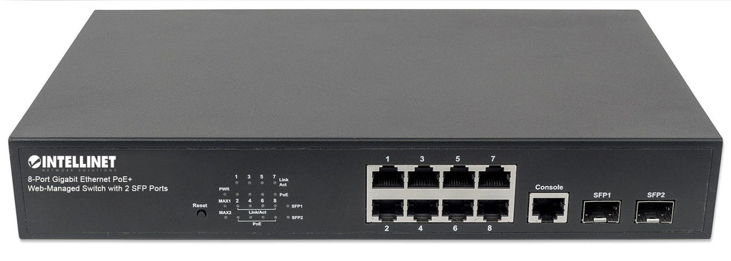 Intellinet Commutateur Gigabit Ethernet PoE+ Administrable 8 Ports, 2 Ports SFP, Budget 140W, Rack 19"