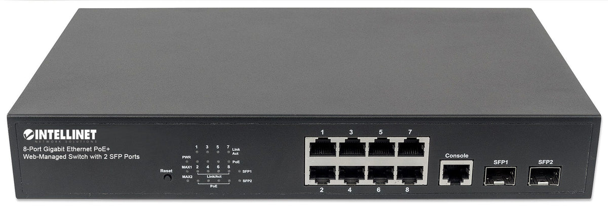 Intellinet Commutateur Gigabit Ethernet PoE+ Administrable 8 Ports, 2 Ports SFP, Budget 140W, Rack 19"