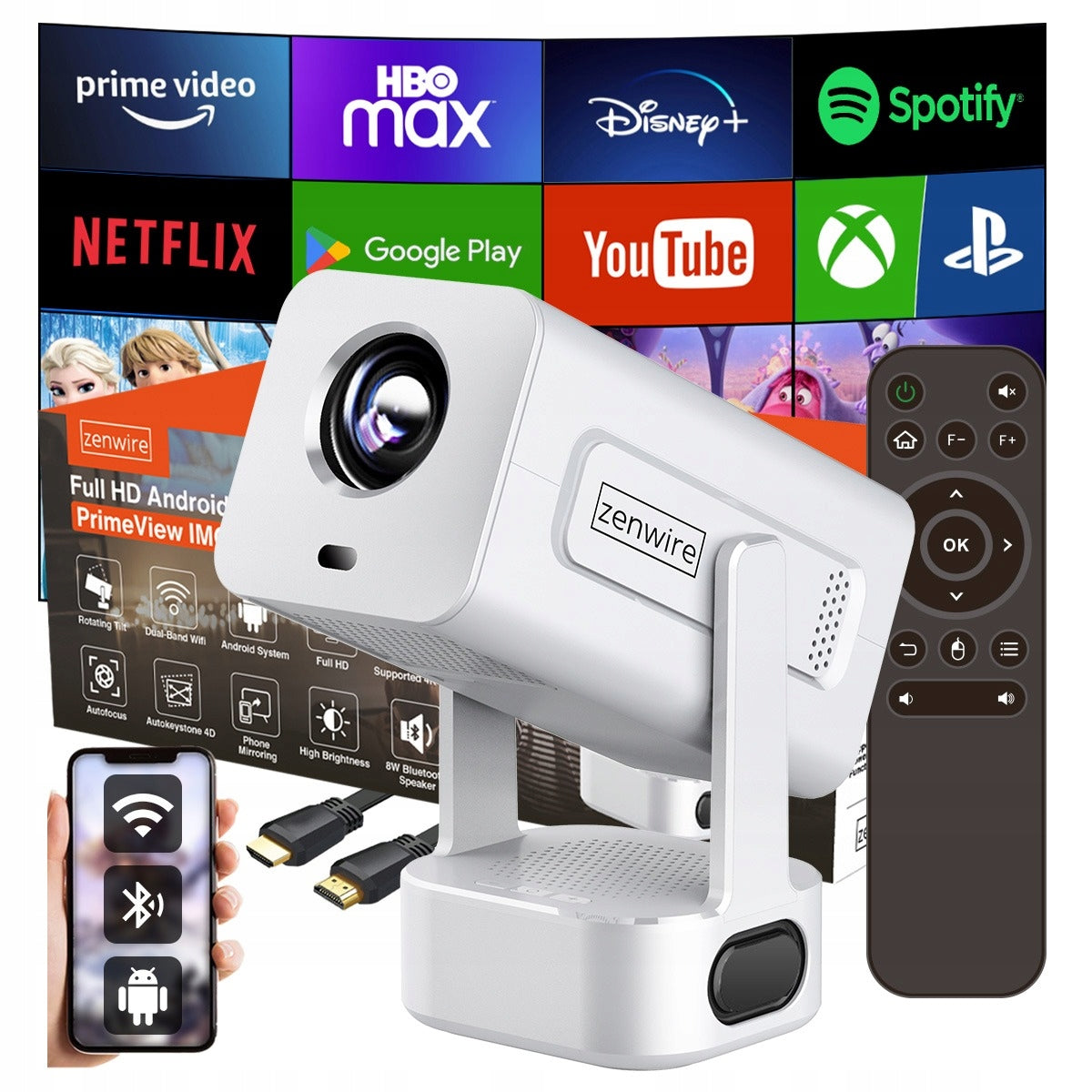 Mini-projecteur portable Android 13 avec Wi-Fi, projection à 360°, Full HD et 4K pour téléphone Zenwire IMC360