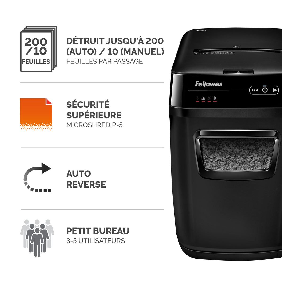 Fellowes AutoMax 200M Destructeur de Papier Micro-Coupe, Noir