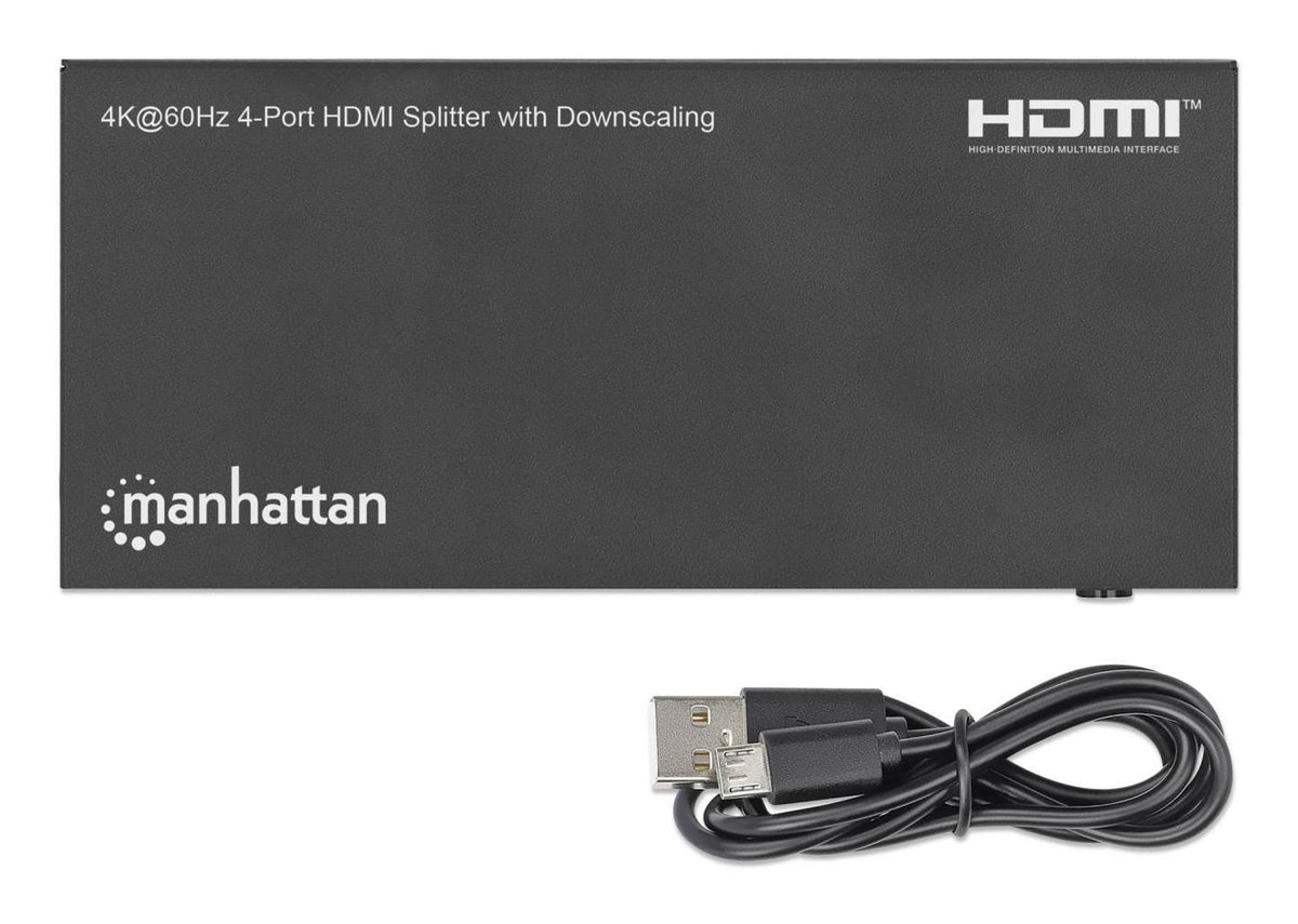 Manhattan Splitter HDMI 4 ports avec downscaling, 4K@60 Hz, distribue 1 entrée HDMI vers 4 sorties (même signal), bouton de conversion 4K vers 1080p, inclut câble Micro-USB vers USB-A (0,8 m), noir - vue 7