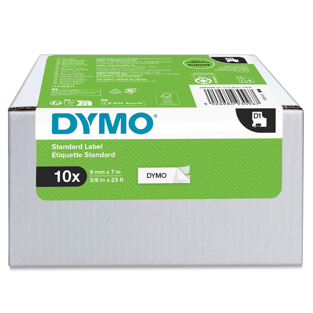 DYMO D1 Étiquettes Autocollantes, 9 mm x 7 m, Impression Noir sur Fond Blanc, pour LabelManager, Lot de 10