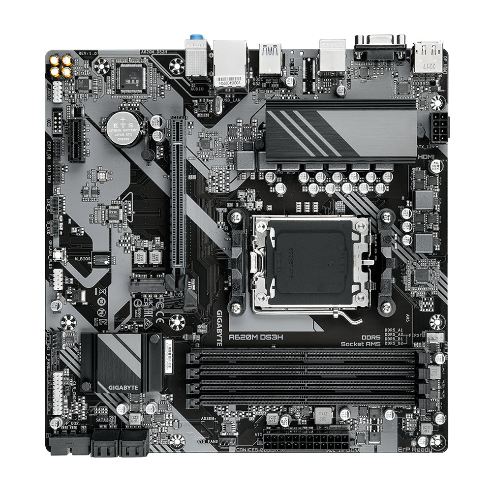GIGABYTE A620M DS3H Carte Mère - Prend en charge les processeurs AMD Ryzen 8000, VRM numérique 5+2+2 phases, jusqu'à 7600MHz DDR5 (OC), 1xPCIe 4.0 M.2, LAN GbE, USB 3.2 Gen 1