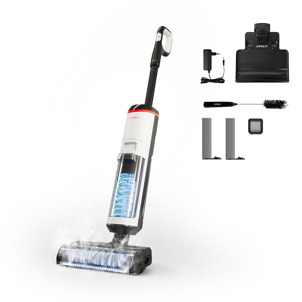 Polti RollySteam WD30C Aspirateur balai 3-en-1 Batterie Sec&humide HEPA Sans sac 0,8 L 450 W Noir, Gris, Blanc 4 Ah