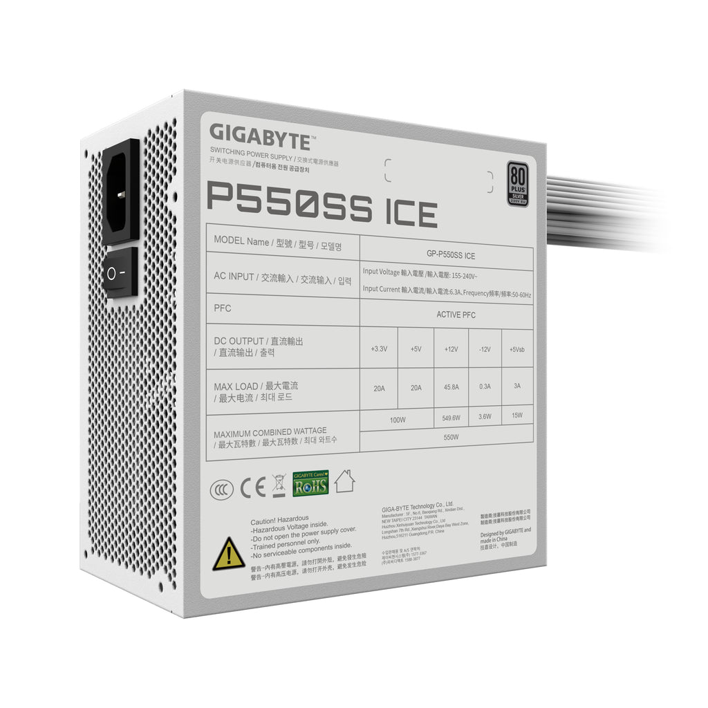 GIGABYTE P550SS ICE Bloc d'Alimentation - PCIe 5.0, 80 PLUS Silver, Ventilateur 120 mm, Compatible ATX 3.0, Prise EU