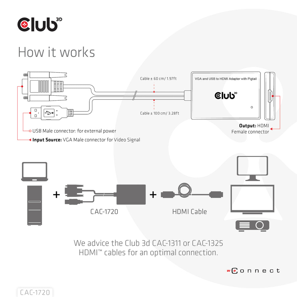 CLUB3D CAC-1720 Adaptateur Câble HDMI vers VGA avec USB, 0,6 m, Noir