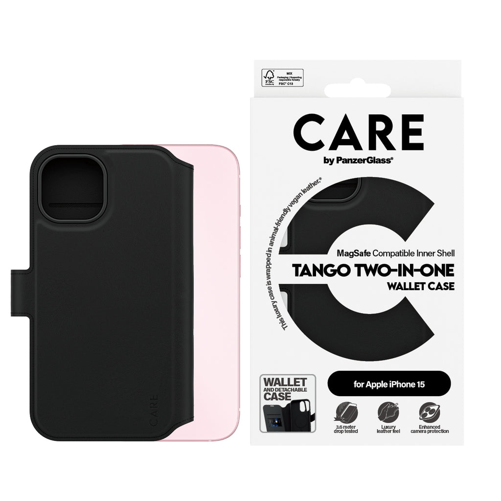 PanzerGlass CARE by Tango Étui Portefeuille 2-en-1 avec MagSafe pour iPhone 15, Noir