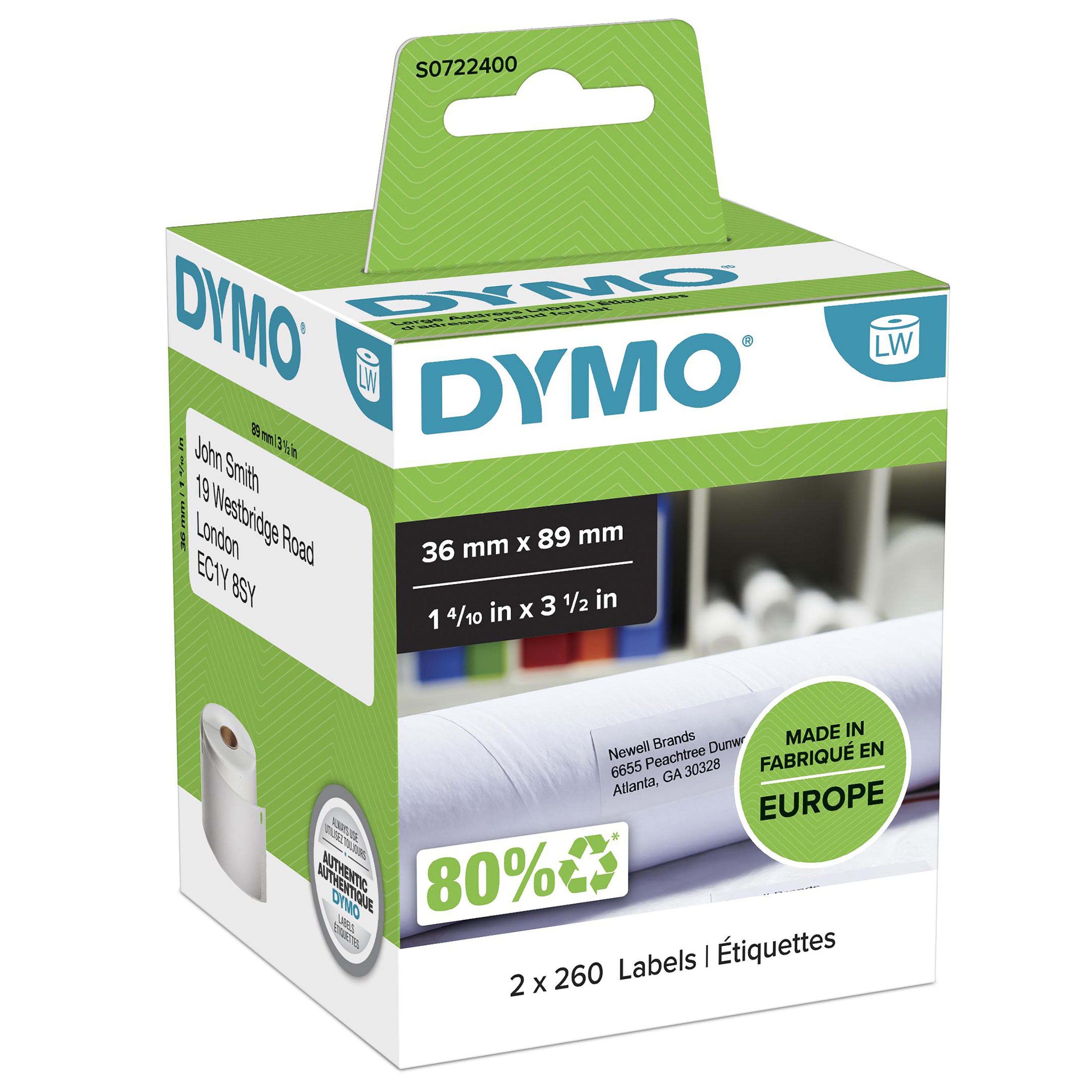 DYMO LW grandes étiquettes d'adresse autocollantes authentiques | 36 mm x 89 mm | impression en noir sur fond blanc | 2 rouleaux de 260 étiquettes (520 étiquettes) | pour les étiqueteuses LabelWriter