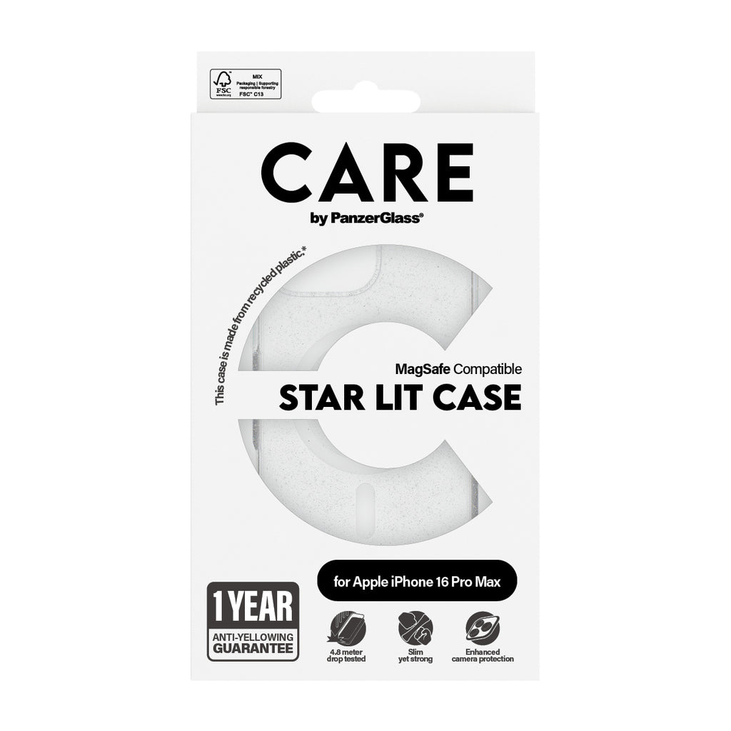 PanzerGlass CARE Star Lit Case avec MagSafe pour iPhone 16 Pro Max, Coque de Protection Transparente