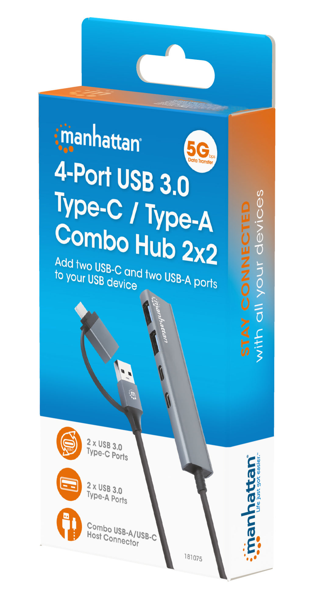Manhattan Dock/hub combo USB-C & USB-A, 4 ports : 2x USB-A + 2x USB-C, 5 Gbit/s (USB 3.0), Alimenté par USB (aucune alim