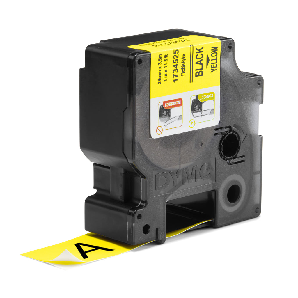 DYMO Rhino Étiquettes industrielles | Nylon flexible | rouleau de 24 mm x 3,5 m | autocollantes impression en noir sur fond jaune | pour étiqueteuses Rhino et LabelManager