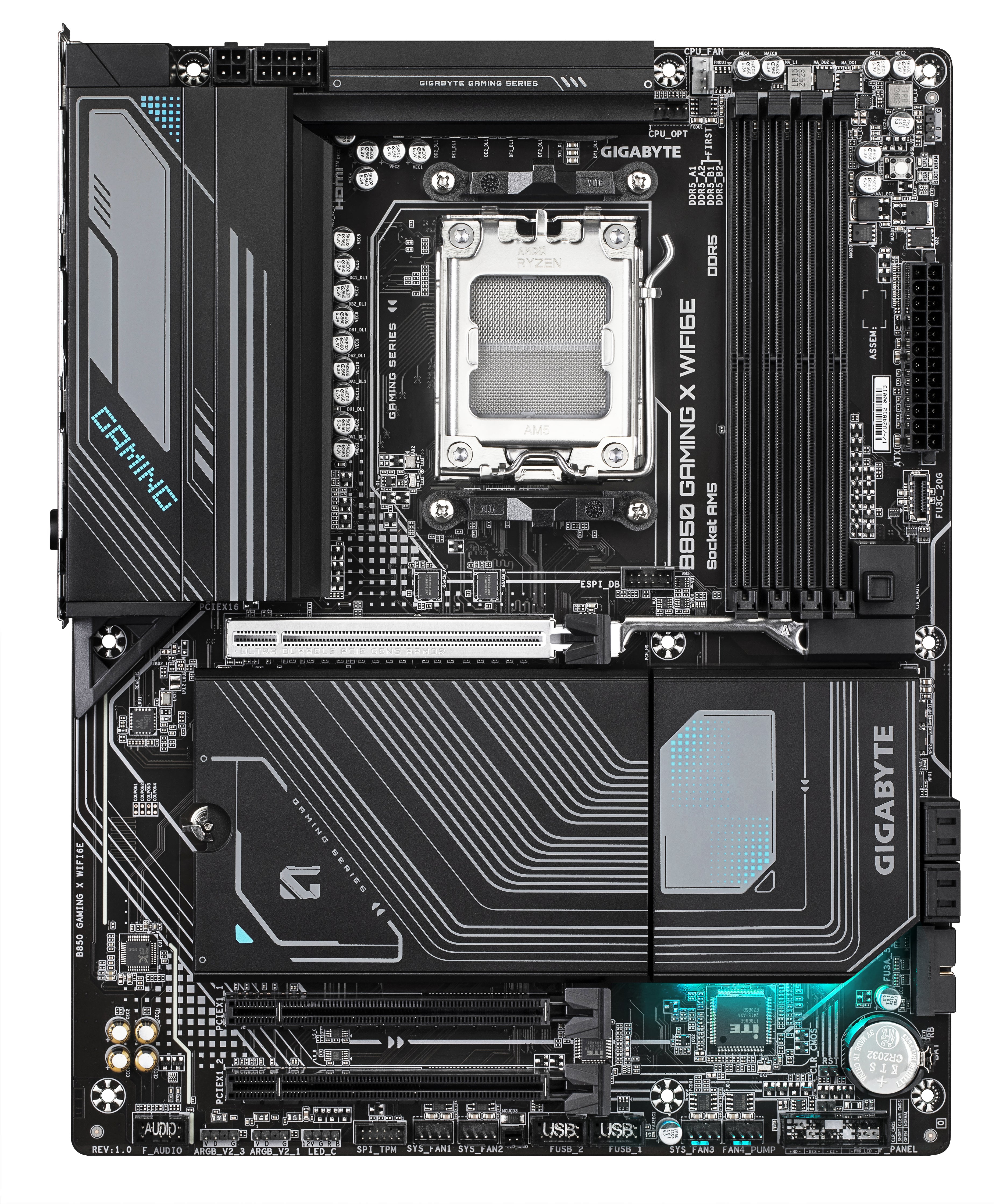 GIGABYTE B850 GAMING X WIFI6E Carte Mère - AMD Ryzen 9000 Series CPUs, VRM numérique 12+2+2 phases, jusqu'à 8200MHz DDR5 (OC), 1xPCIe 5.0 + 2xPCIe 4.0 M.2, LAN 2.5G, WIFI 6E, USB 3.2 Gen 2x2