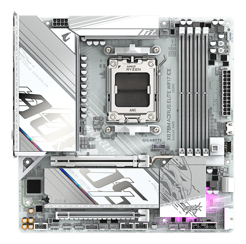 GIGABYTE X870M AORUS ELITE WIFI7 ICE Carte Mère – Compatible avec processeurs AMD Ryzen 9000, VRM numérique 14+2+2 phases, jusqu’à 8200 Hz DDR5 (O.C), 1× PCIe 5.0 + 1× PCIe 4.0, Wi-Fi 7, LAN 2.5 GbE, USB 4