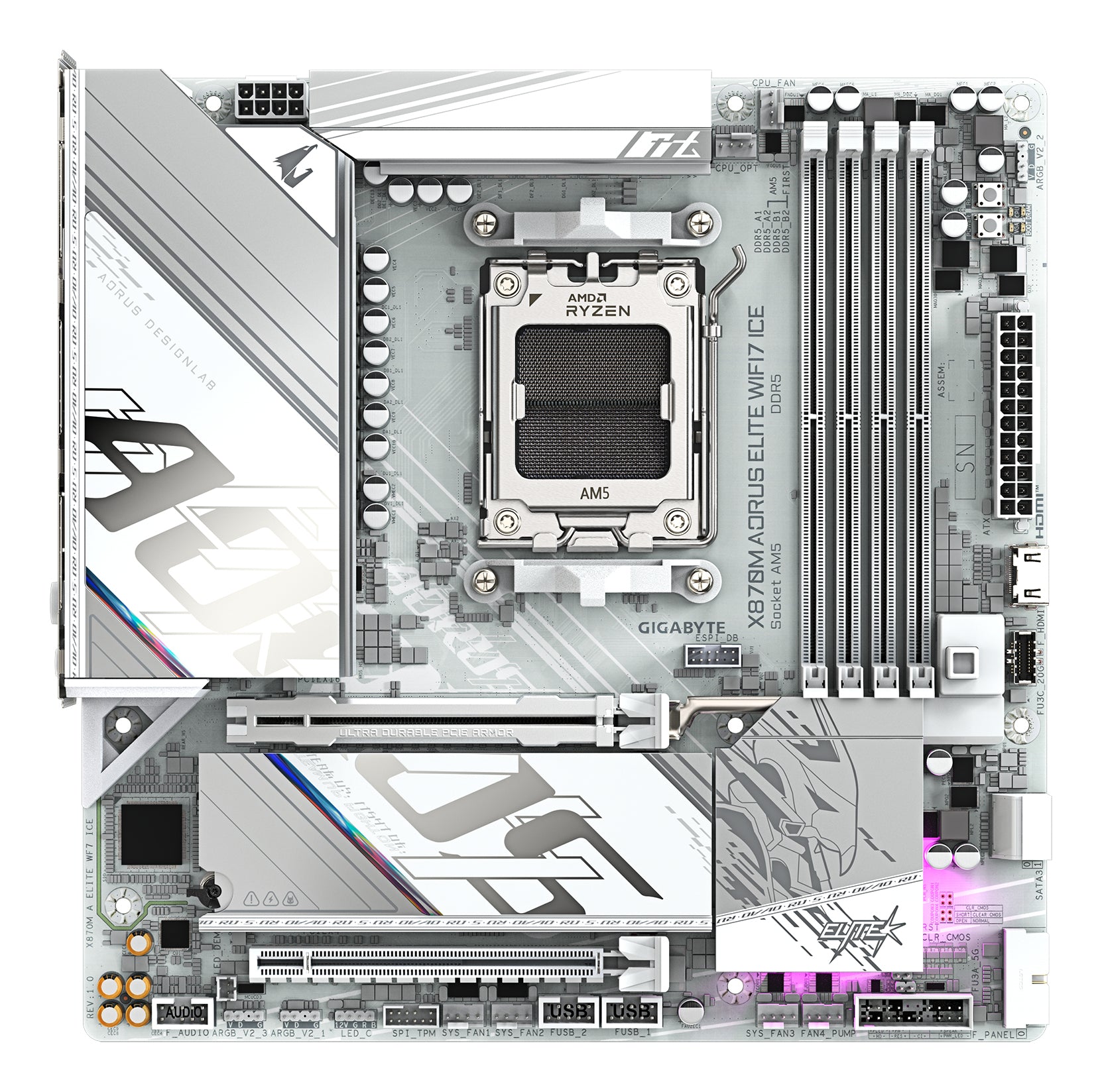 GIGABYTE X870M AORUS ELITE WIFI7 ICE Carte Mère – Compatible avec processeurs AMD Ryzen 9000, VRM numérique 14+2+2 phases, jusqu’à 8200 Hz DDR5 (O.C), 1× PCIe 5.0 + 1× PCIe 4.0, Wi-Fi 7, LAN 2.5 GbE, USB 4