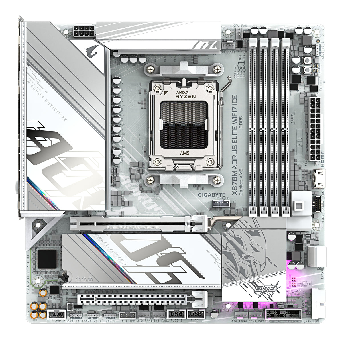 GIGABYTE X870M AORUS ELITE WIFI7 ICE Carte Mère – Compatible avec processeurs AMD Ryzen 9000, VRM numérique 14+2+2 phases, jusqu’à 8200 Hz DDR5 (O.C), 1× PCIe 5.0 + 1× PCIe 4.0, Wi-Fi 7, LAN 2.5 GbE, USB 4 - vue 2